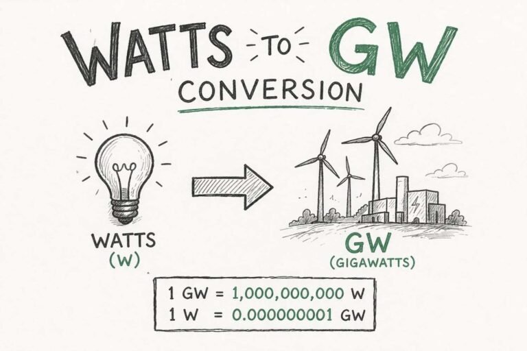 Watts to gigawatts conversion chart showing W to kW, MW and GW units with formula and examples