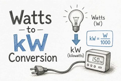 Watts to kilowatts conversion formula with visual diagram showing 1000 watts equals 1 kW for easy understanding