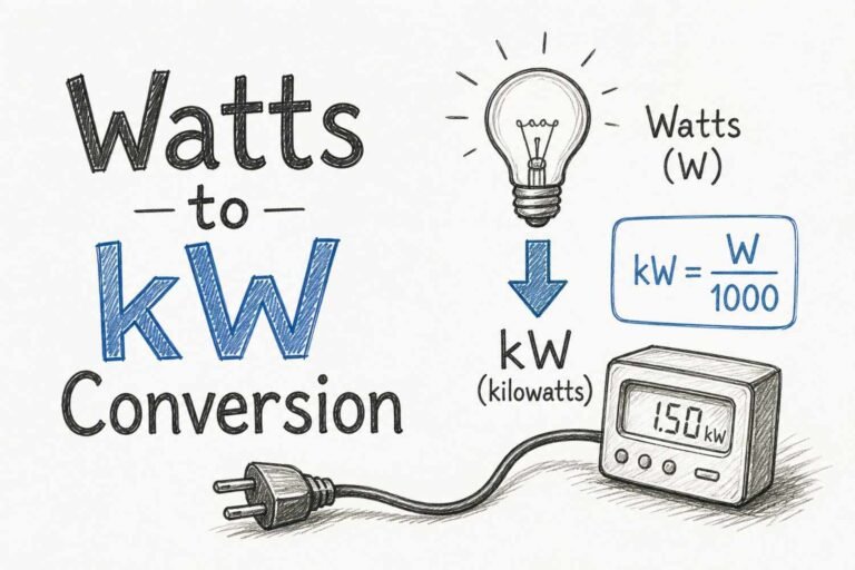 Watts to kilowatts conversion formula with visual diagram showing 1000 watts equals 1 kW for easy understanding