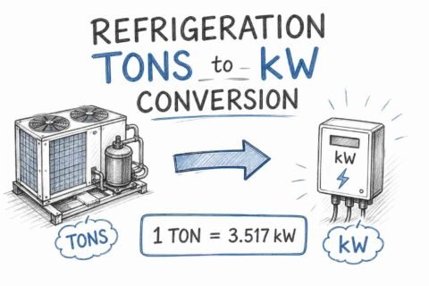 Refrigeration tons to kW conversion chart showing 1 RT equals 3.517 kilowatts with cooling system illustration