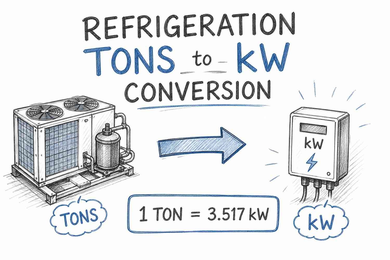 Refrigeration tons to kW conversion chart showing 1 RT equals 3.517 kilowatts with cooling system illustration