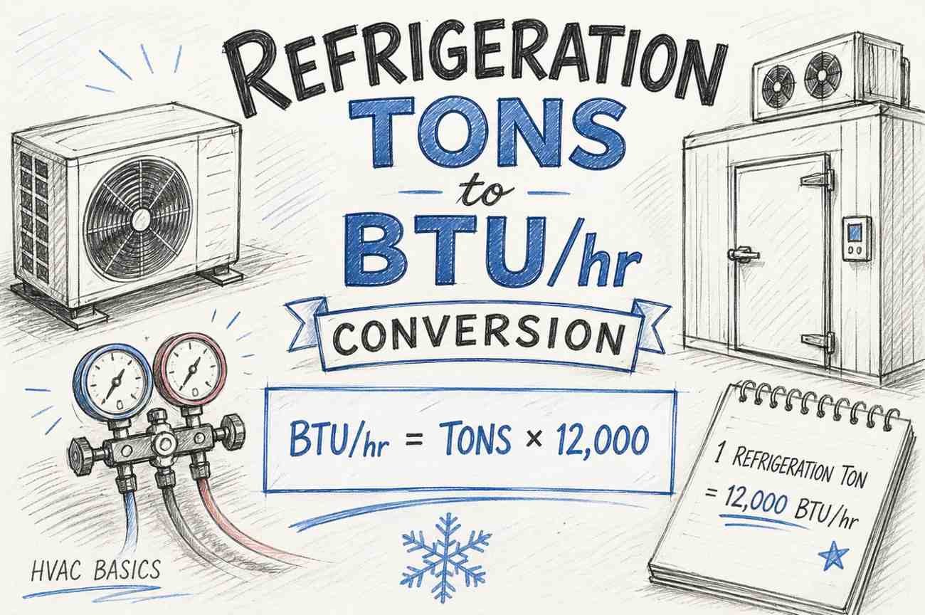 Refrigeration tons to BTU per hour conversion formula chart showing 1 ton equals 12000 BTU hr with cooling system illustration