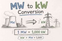 Infographic explaining MW to kW conversion with equation 1 MW equals 1000 kW
