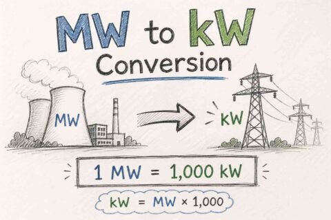 Infographic explaining MW to kW conversion with equation 1 MW equals 1000 kW