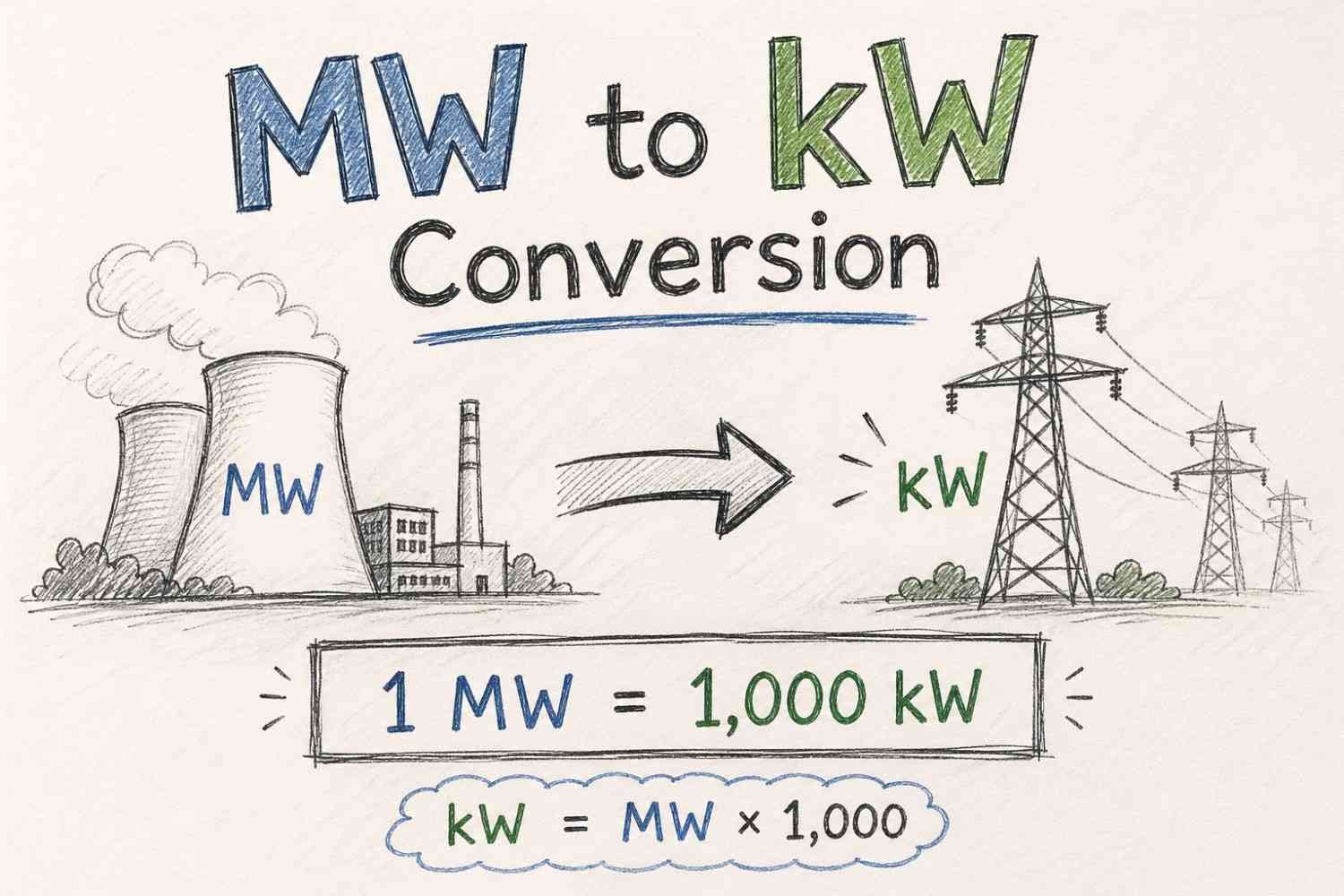 Infographic explaining MW to kW conversion with equation 1 MW equals 1000 kW