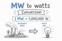 MW to watts conversion formula showing 1 megawatt equals 1,000,000 watts with visual energy scale diagram