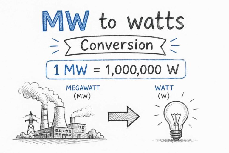 MW to watts conversion formula showing 1 megawatt equals 1,000,000 watts with visual energy scale diagram