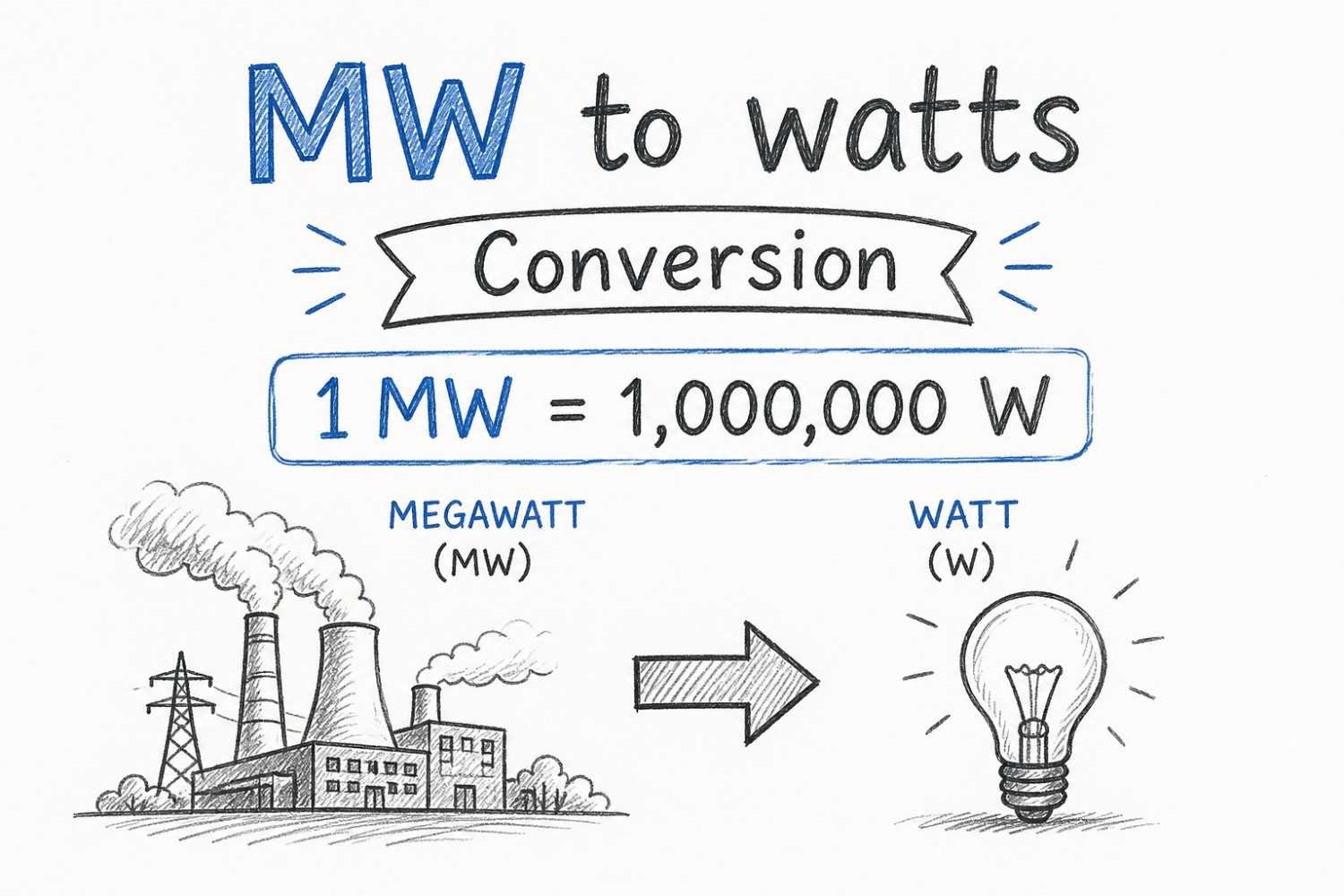 MW to watts conversion formula showing 1 megawatt equals 1,000,000 watts with visual energy scale diagram