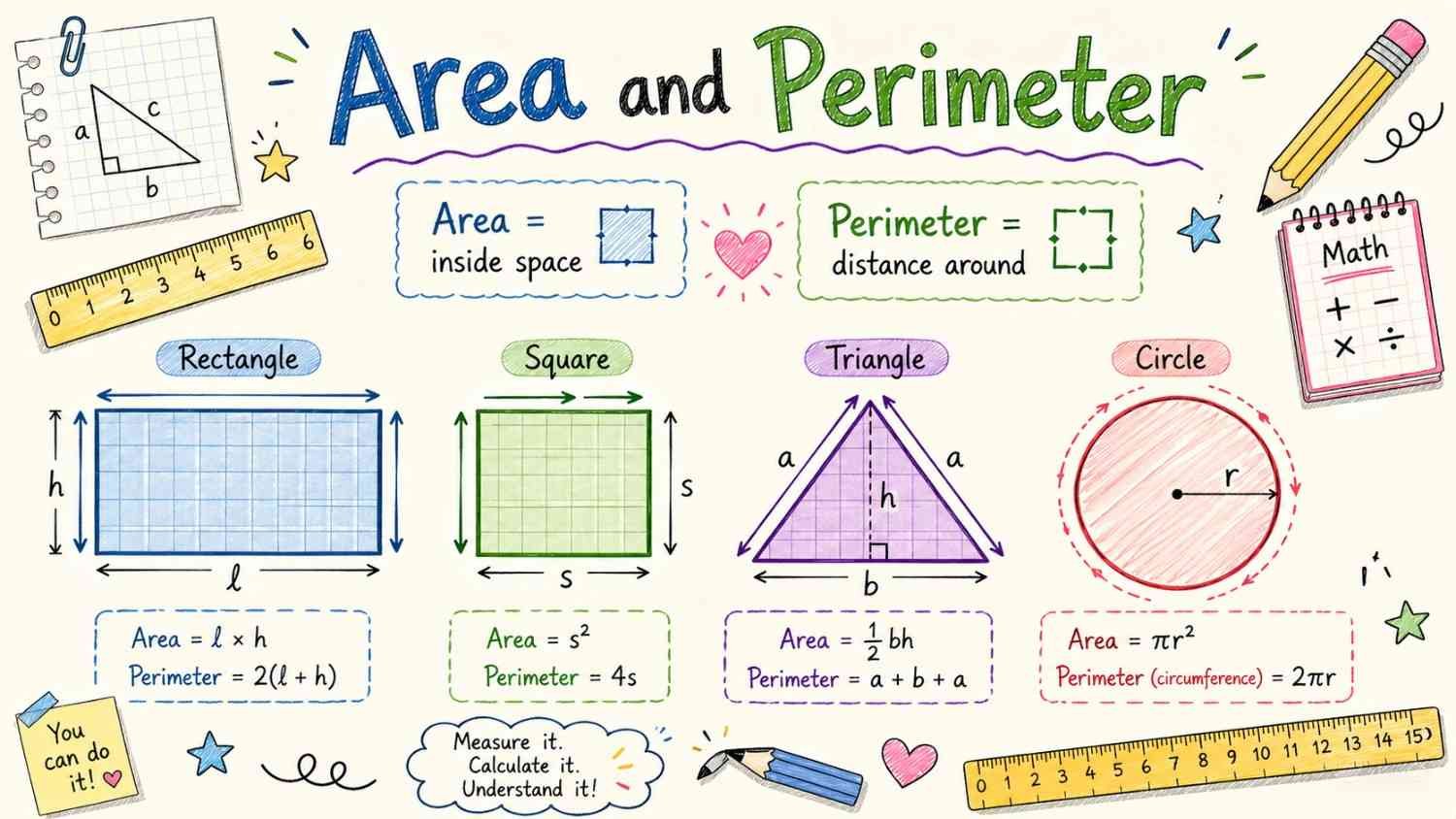 Area and Perimeter math formulas on a classroom whiteboard with shapes and RevisionTown