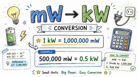mW to kW conversion formula with visual diagram showing milliwatts to kilowatts calculation