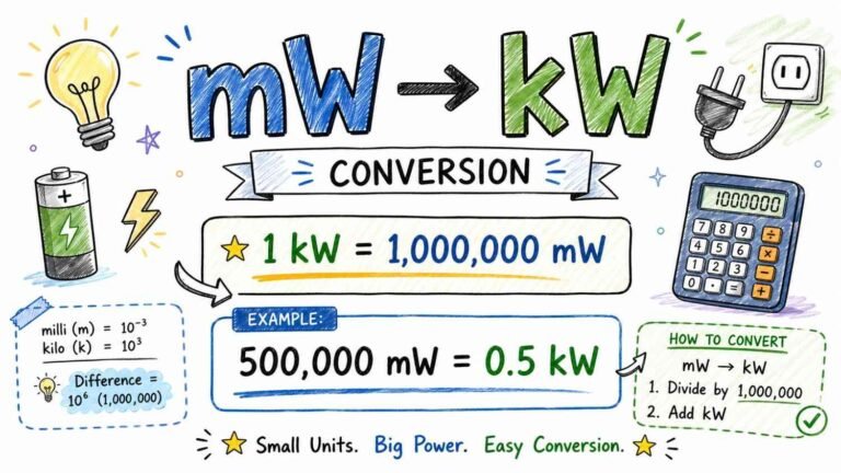 mW to kW conversion formula with visual diagram showing milliwatts to kilowatts calculation