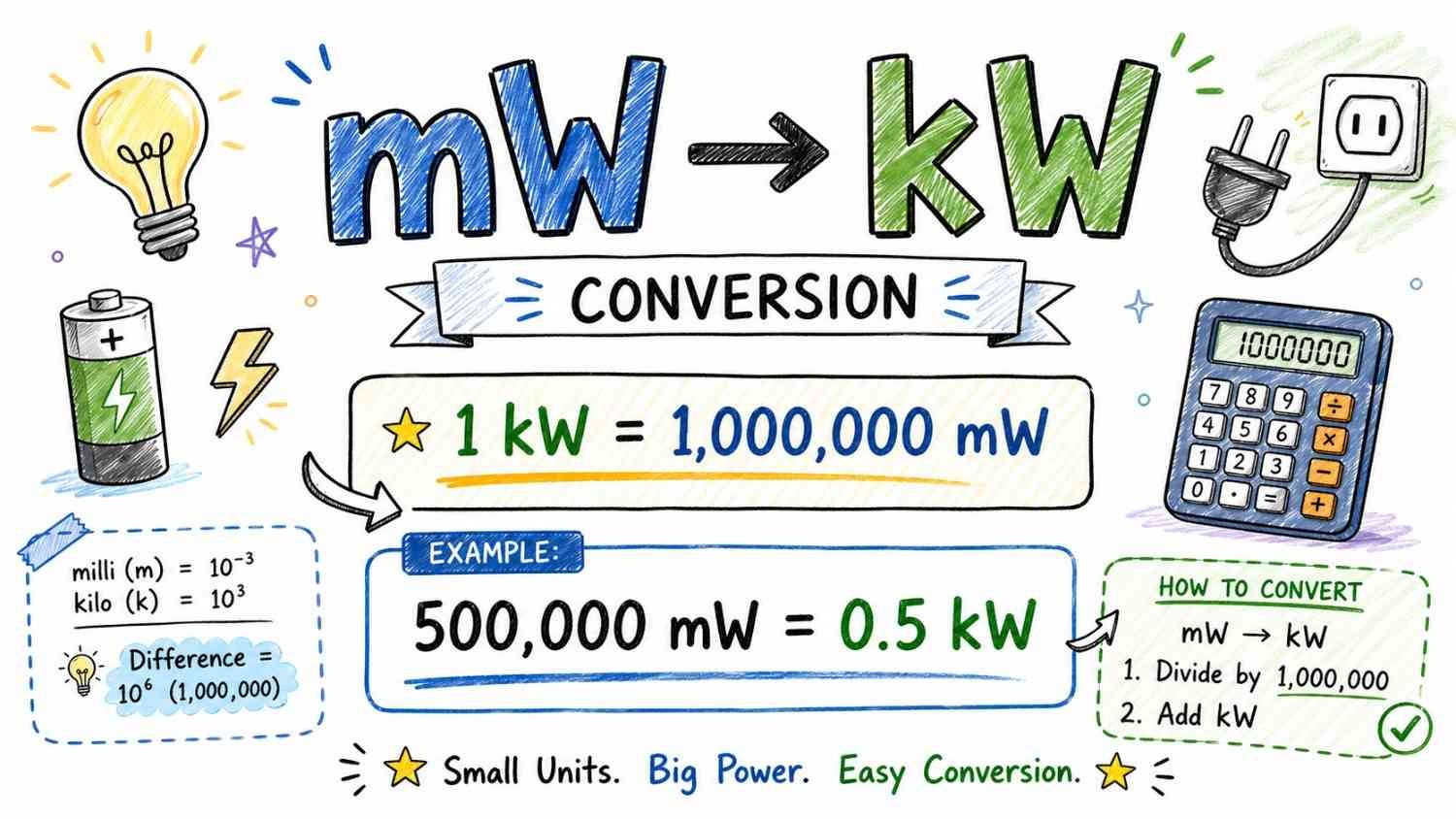 mW to kW conversion formula with visual diagram showing milliwatts to kilowatts calculation