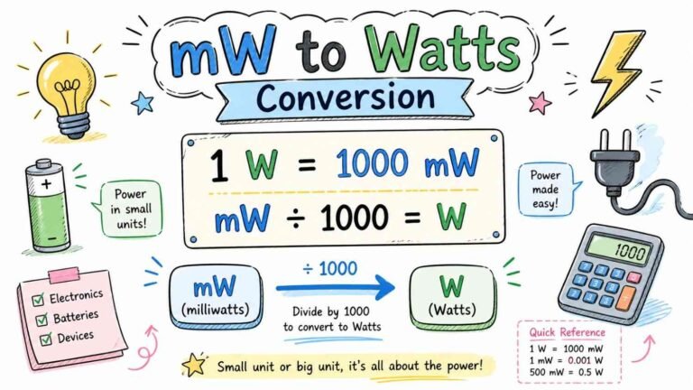 mW to watts conversion formula diagram showing 1 watt equals 1000 milliwatts with clear educational infographic design