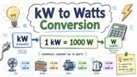 kW to watts conversion formula illustration showing 1 kilowatt equals 1000 watts with clean educational design