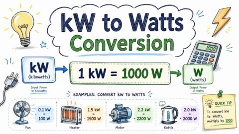 kW to watts conversion formula illustration showing 1 kilowatt equals 1000 watts with clean educational design