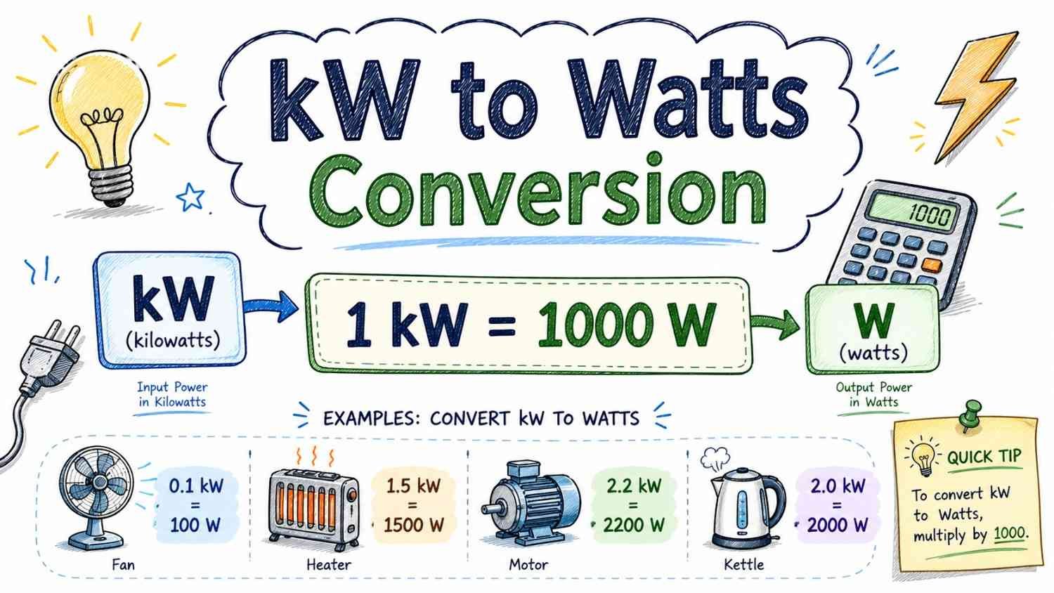 kW to watts conversion formula illustration showing 1 kilowatt equals 1000 watts with clean educational design