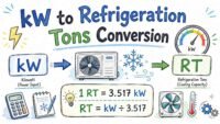 Illustration of kW to refrigeration tons conversion showing formula kW ÷ 3.51685 ≈ refrigeration tons with example values used in AC and refrigeration systems
