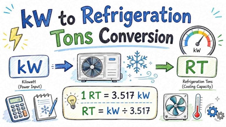 Illustration of kW to refrigeration tons conversion showing formula kW ÷ 3.51685 ≈ refrigeration tons with example values used in AC and refrigeration systems