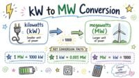kW to MW conversion chart showing how 1000 kilowatts equals 1 megawatt with clear visual explanation