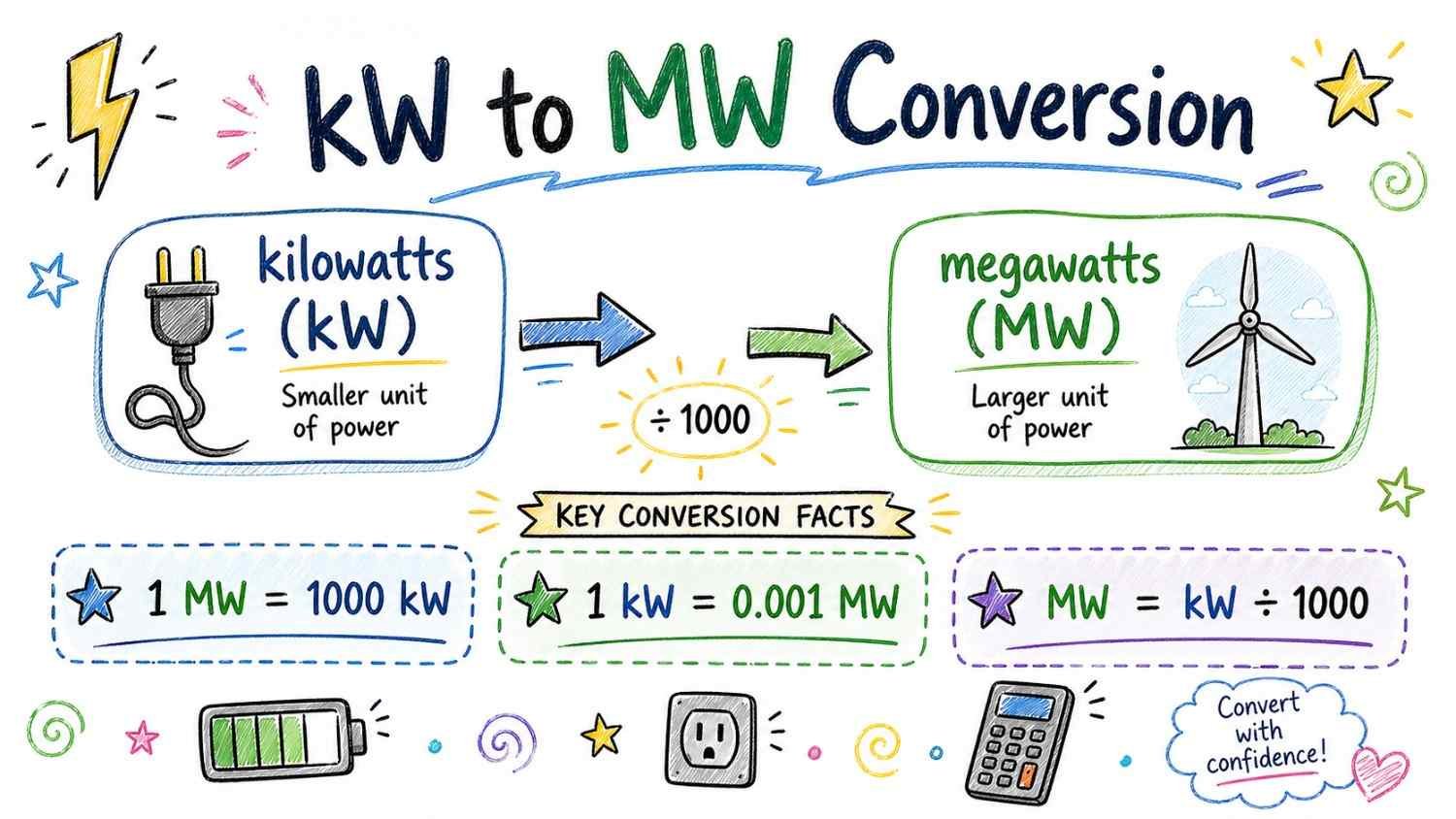kW to MW conversion chart showing how 1000 kilowatts equals 1 megawatt with clear visual explanation