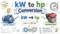 Kilowatts to horsepower conversion formula with diagram showing kW to hp calculation for engineering and physics students