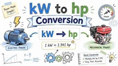 Kilowatts to horsepower conversion formula with diagram showing kW to hp calculation for engineering and physics students