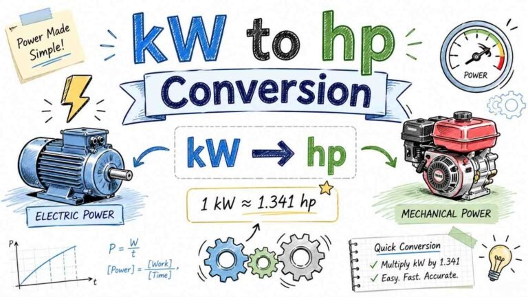 Kilowatts to horsepower conversion formula with diagram showing kW to hp calculation for engineering and physics students