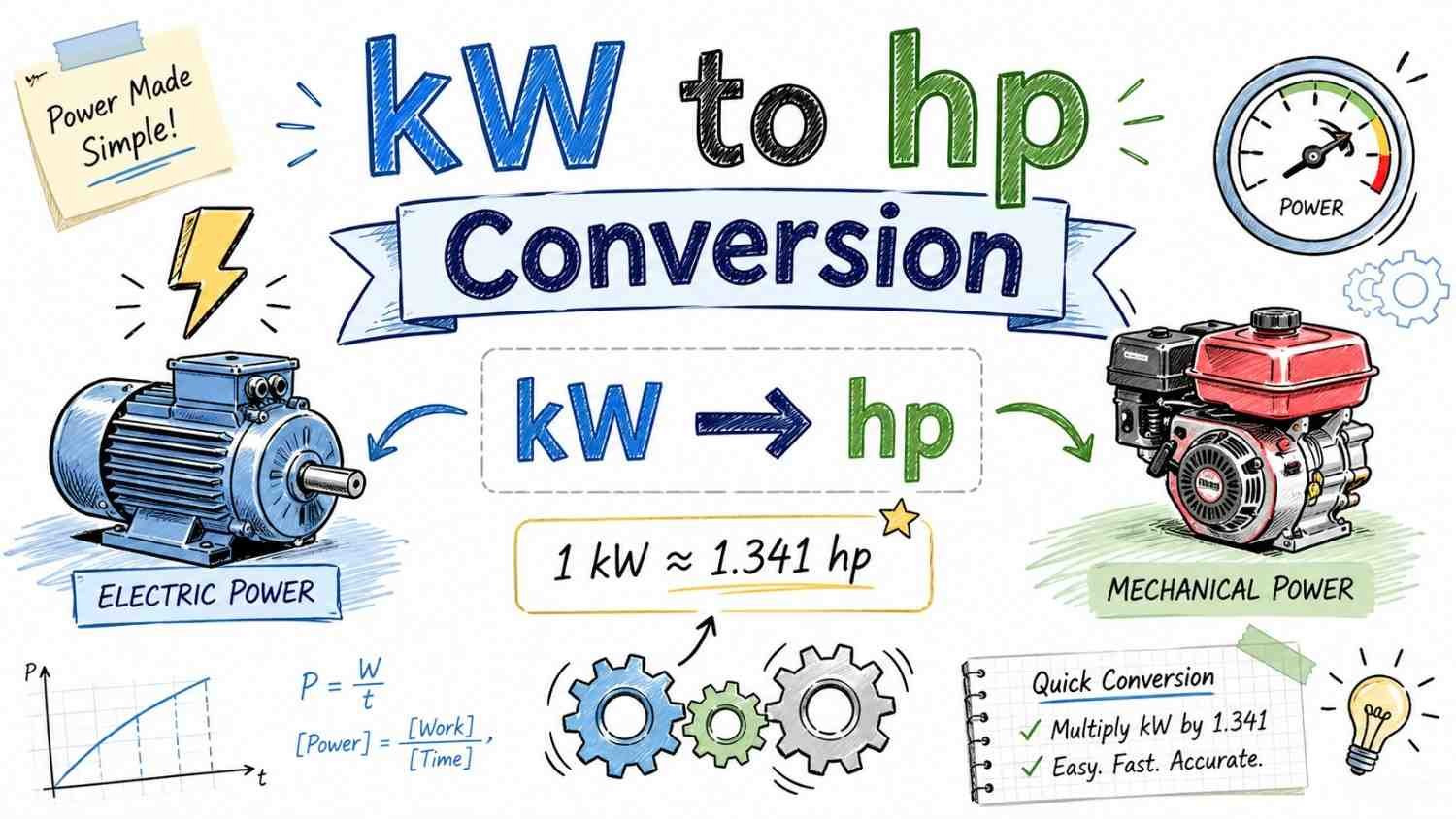 Kilowatts to horsepower conversion formula with diagram showing kW to hp calculation for engineering and physics students