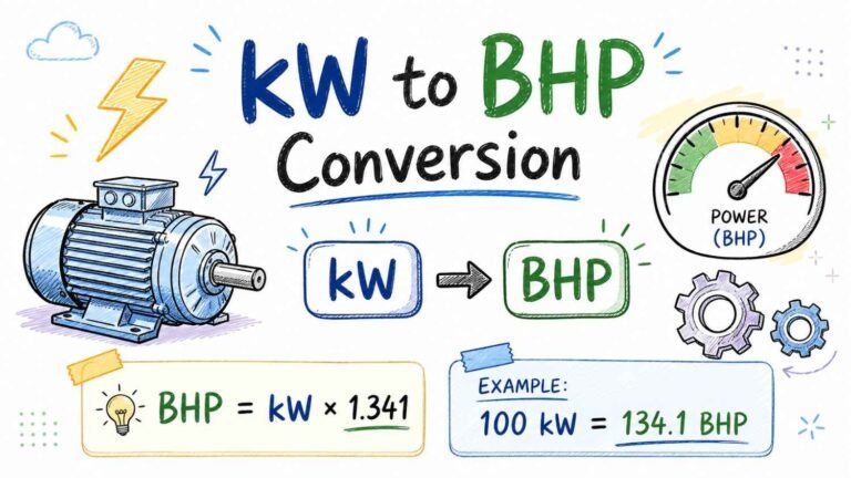 kW to BHP conversion chart with formula 1 kW equals 1.341 BHP shown in a clean engineering style design
