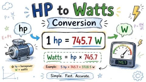 HP to watts conversion infographic with formula 1 HP = 745.7W from RevisionTown
