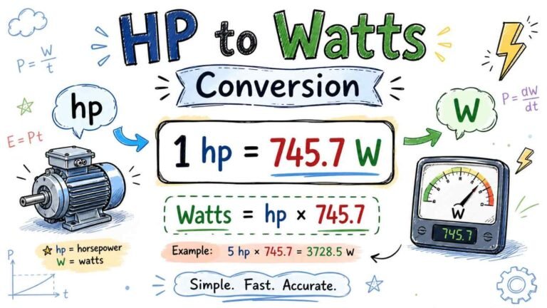 HP to watts conversion infographic with formula 1 HP = 745.7W from RevisionTown