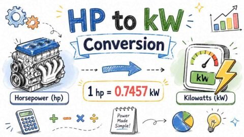 HP to kW conversion formula with visual diagram showing horsepower to kilowatt calculation and energy units comparison