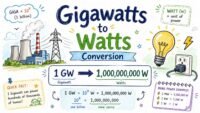 Gigawatts to watts conversion formula showing 1 gigawatt equals 1 billion watts with visual energy scale