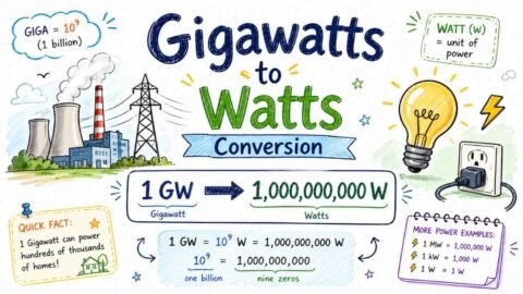 Gigawatts to watts conversion formula showing 1 gigawatt equals 1 billion watts with visual energy scale