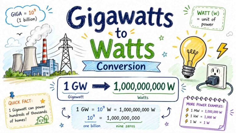 Gigawatts to watts conversion formula showing 1 gigawatt equals 1 billion watts with visual energy scale