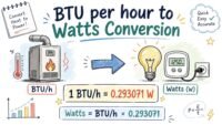 BTU per hour to Watts conversion formula with visual diagram showing energy unit conversion