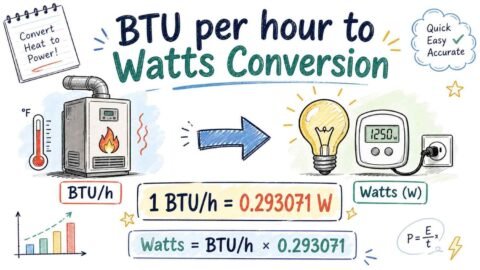 BTU per hour to Watts conversion formula with visual diagram showing energy unit conversion