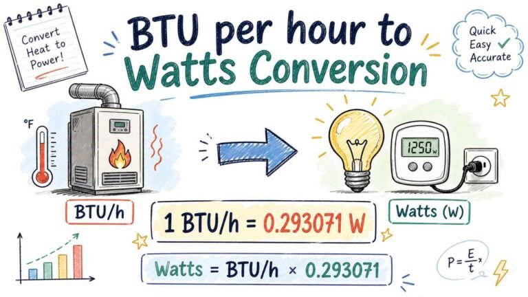 BTU per hour to Watts conversion formula with visual diagram showing energy unit conversion