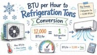 BTU per hour to refrigeration tons conversion formula infographic showing 1 ton equals 12000 BTU per hour