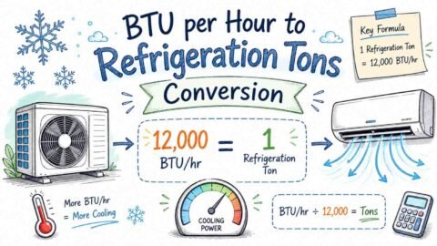 BTU per hour to refrigeration tons conversion formula infographic showing 1 ton equals 12000 BTU per hour