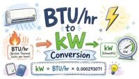 BTU per hour to kilowatt conversion formula with energy icons and clean technical design