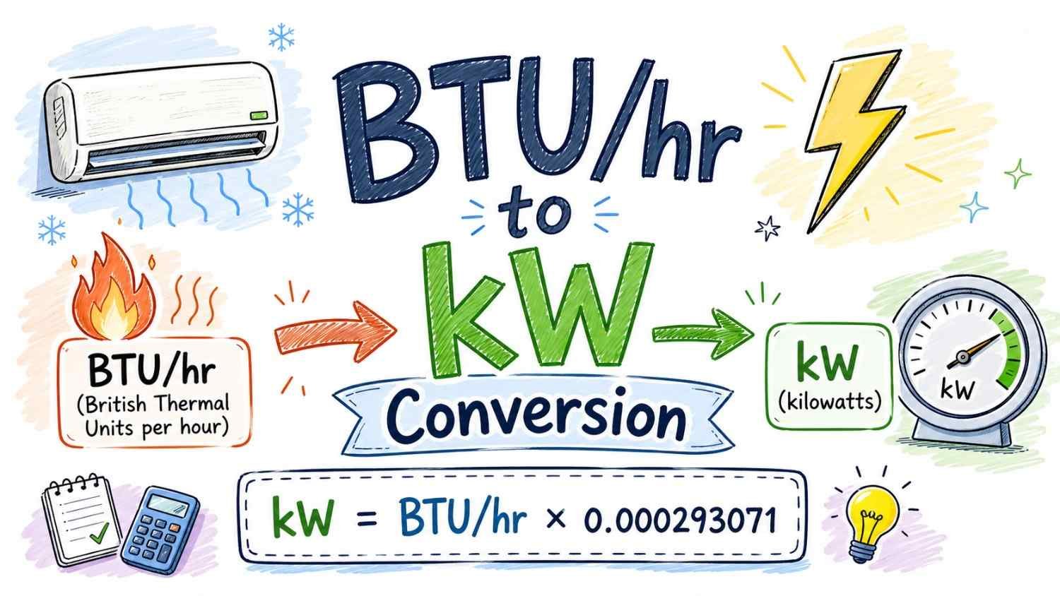 BTU per hour to kilowatt conversion formula with energy icons and clean technical design