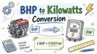 BHP to kilowatts conversion infographic showing formula kW = BHP × 0.7457, table, and RevisionTown branding for quick power unit calculator reference