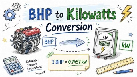 BHP to kilowatts conversion infographic showing formula kW = BHP × 0.7457, table, and RevisionTown branding for quick power unit calculator reference