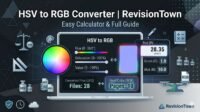 HSV to RGB converter tool UI showing color preview, HSV sliders, and RGB numeric output for color space conversion calculator on RevisionTown.