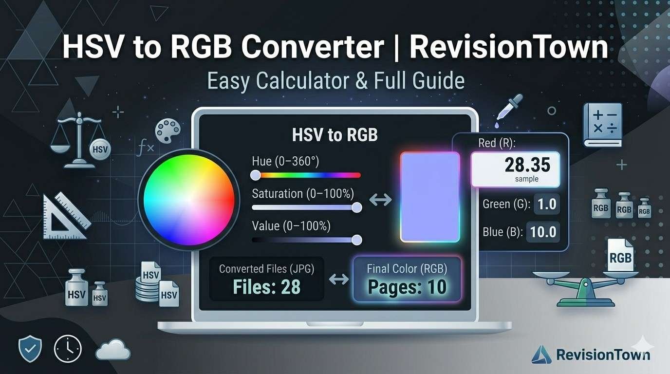 HSV to RGB converter tool UI showing color preview, HSV sliders, and RGB numeric output for color space conversion calculator on RevisionTown.