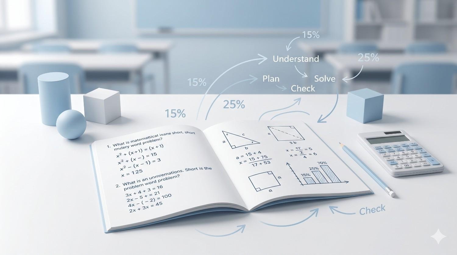 Mathematics word problem solving with real-life examples, equations and study notes on a clean desk
