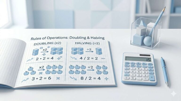 Primary maths doubling and halving examples with visual illustrations and simple equations for kids learning