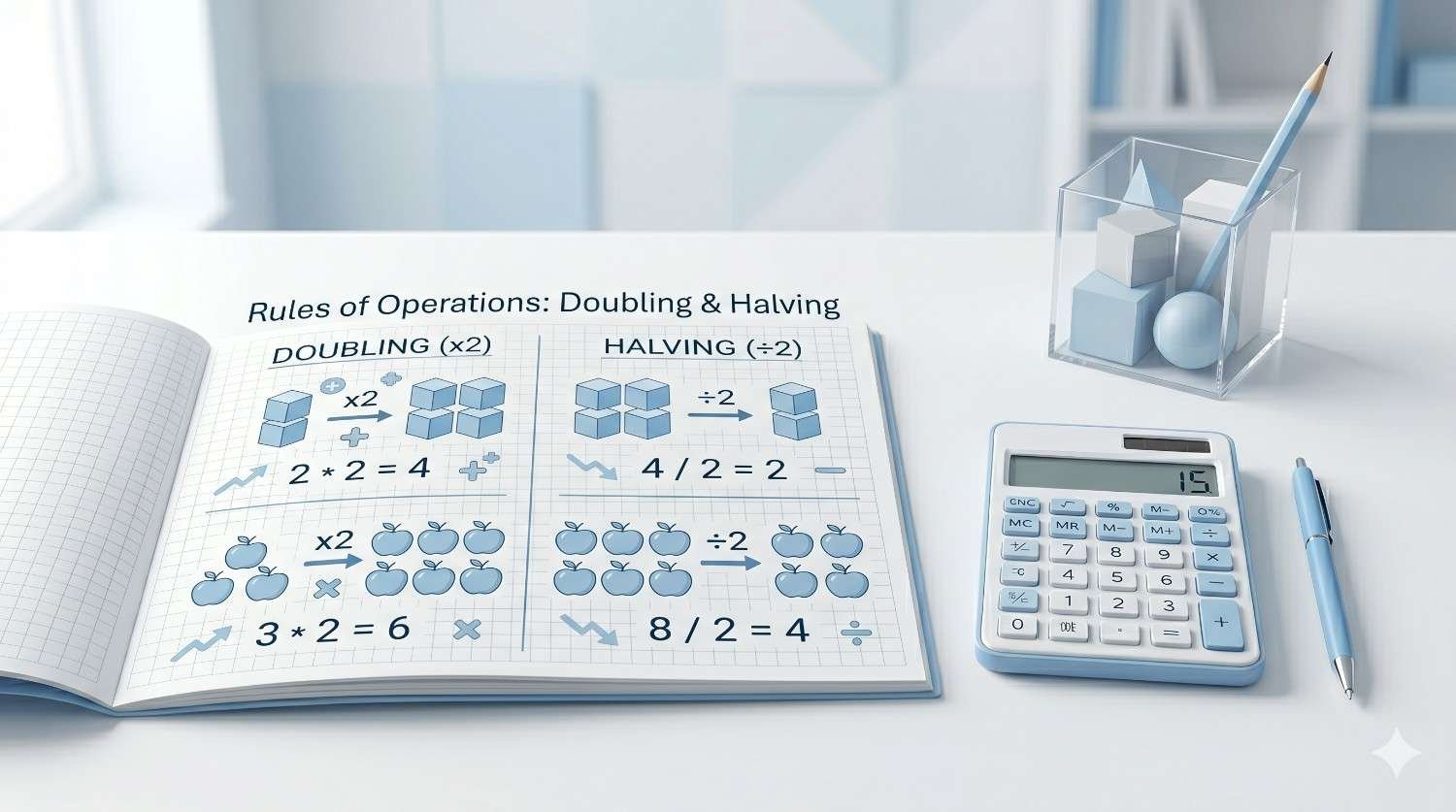 Primary maths doubling and halving examples with visual illustrations and simple equations for kids learning