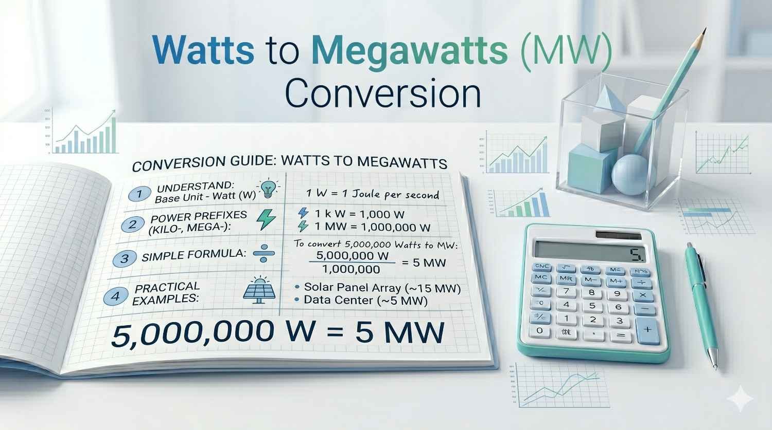 Watts to Megawatts conversion formula with example showing 1 MW equals 1,000,000 watts